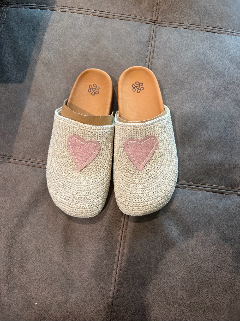 The Sak Cream Crochet Mules with Pink Heart Appliqué